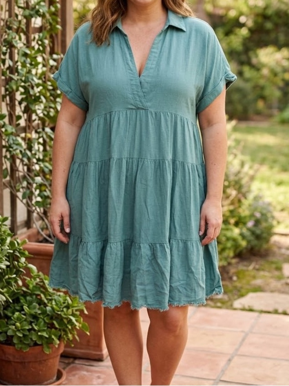 Umgee Sage Green Tiered Linen Dress M Boho Popover Frayed Hem